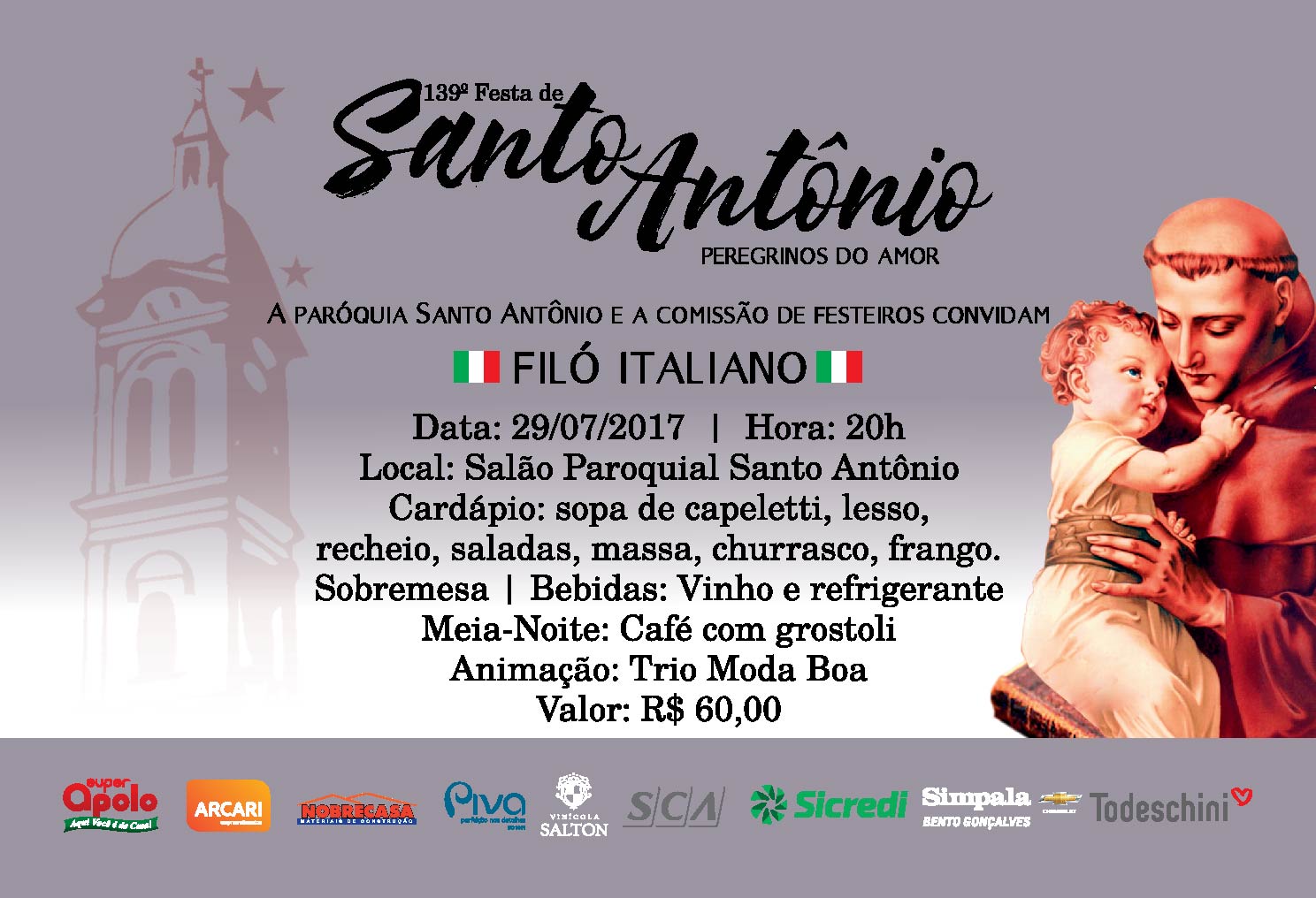 Filó Italiano da 139ª Festa de Santo Antônio ocorre dia 29