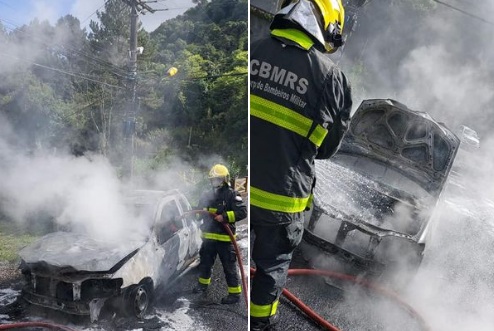 Bombeiros combatem incêndio em veículo no interior de Bento