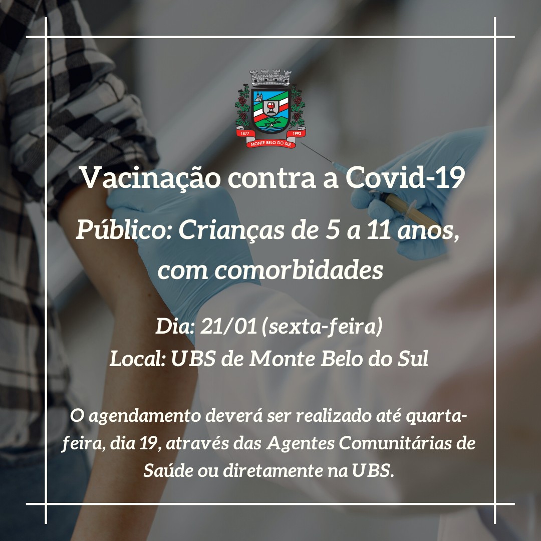 Imunização para as crianças contra Covid-19 inicia sexta em Monte Belo