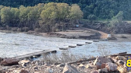 Nível do Rio das Antas baixa e revela estragos na ponte entre Bento e Cotiporã