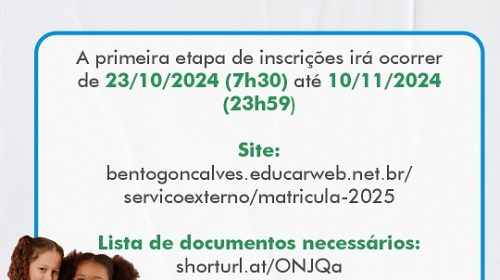 Inscrição para novos alunos da Rede Municipal, em Bento, inicia nesta quarta, 23