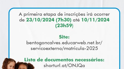 Inscrições para novos alunos na rede municipal de educação, em Bento, seguem até domingo (10)