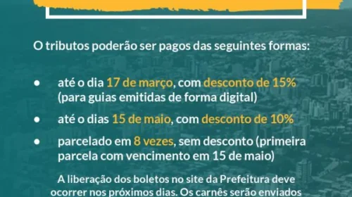 IPTU pode ser pago com 15% de desconto de forma digital até 17 de março em Bento