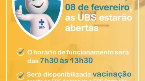 Unidades de saúde estarão abertas neste sábado, 8, em Bento