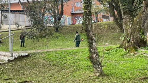 Mutirão de limpeza é realizado na Praça Centenário, no centro de Bento